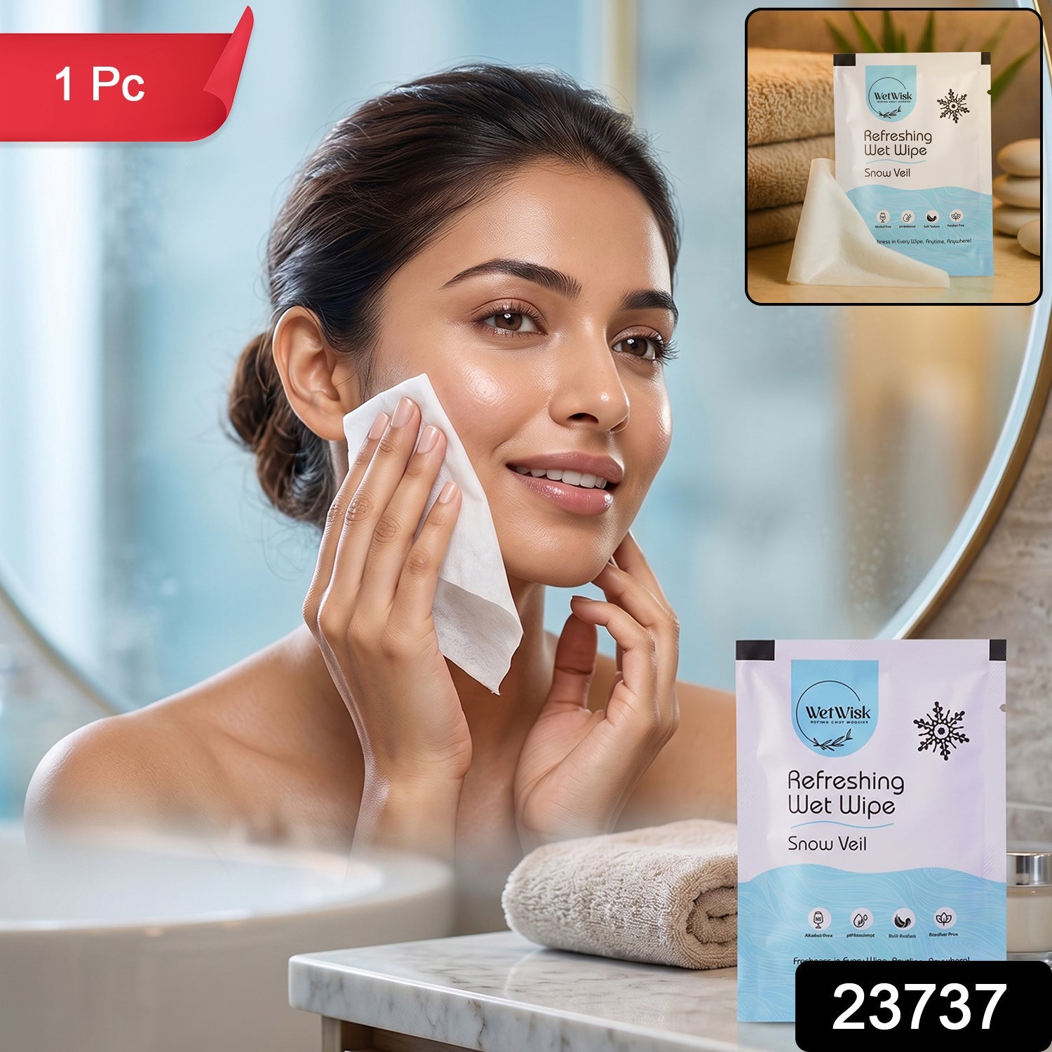 Single pouch of Snow veil refreshing wet wipe