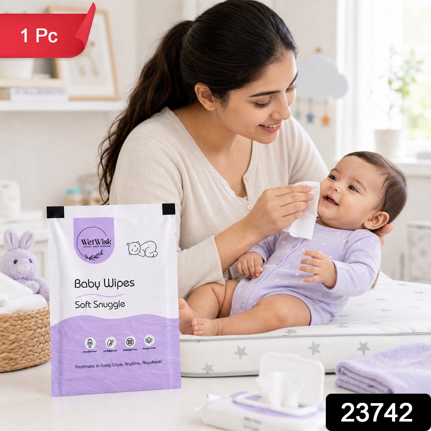 Sealed pack of Soft Snuggles baby wipes, portable and durable