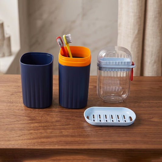 Bathroom accessories combo set in navy blue, includes tumbler, toothbrush holder, soap dish