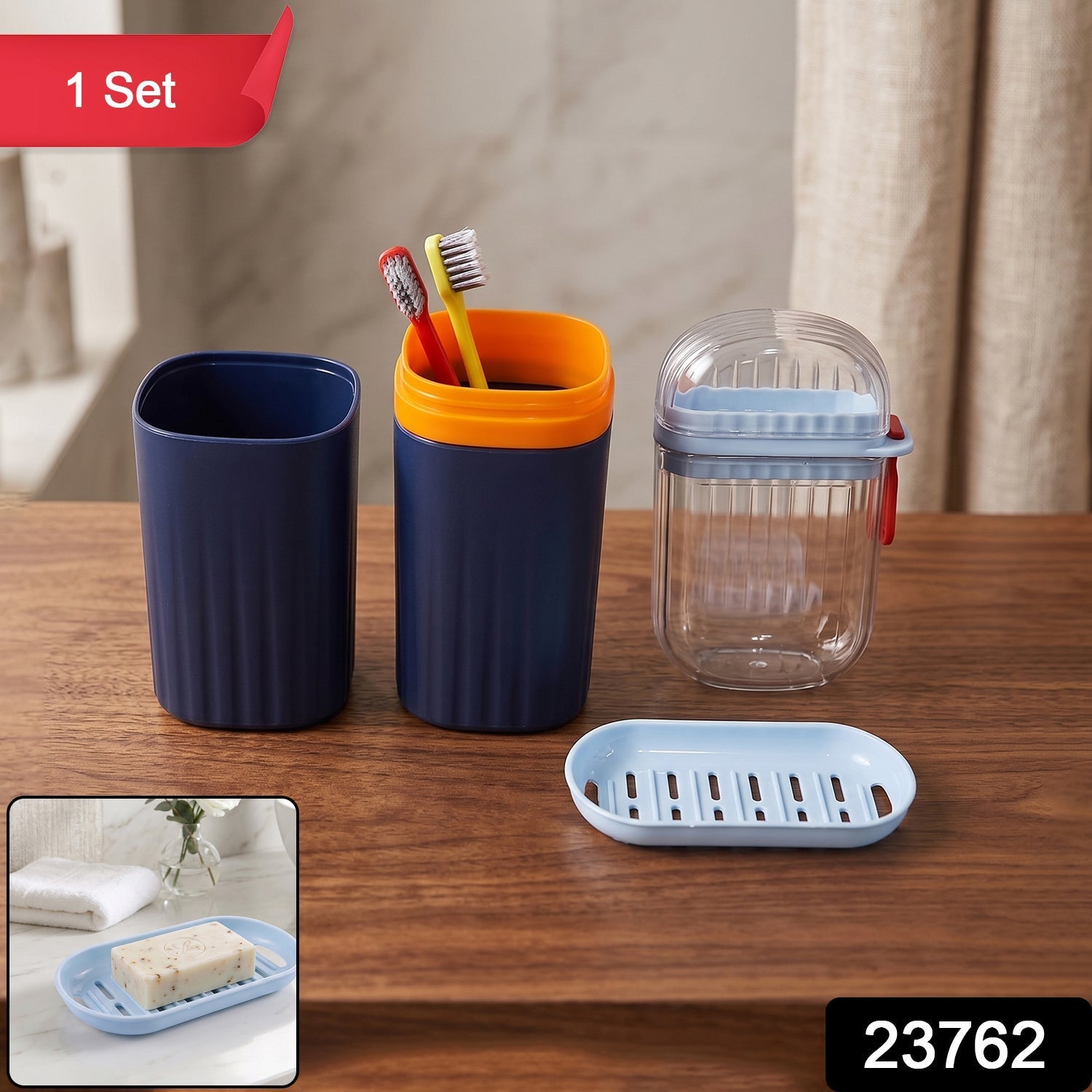 Stylish bathroom combo set pack with travel wash cup, toothbrush holder, soap dish
