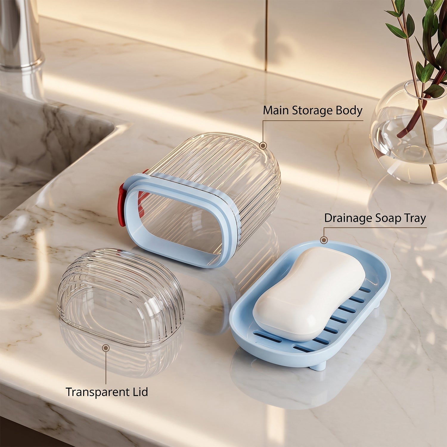 Bathroom set features detail including drainable soap dish and travel cups