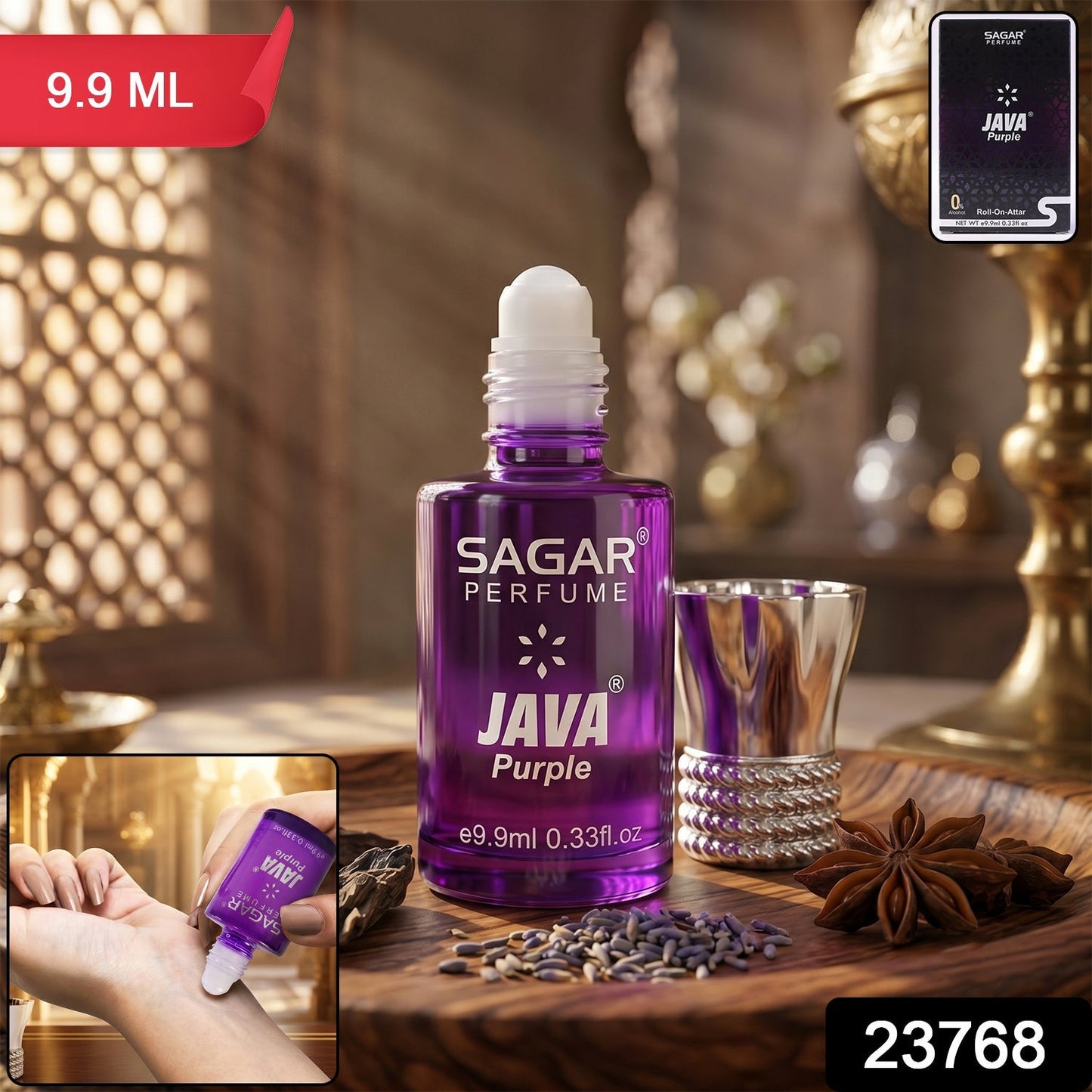 Elegant Java Purple attar pack with perfume oil bottle