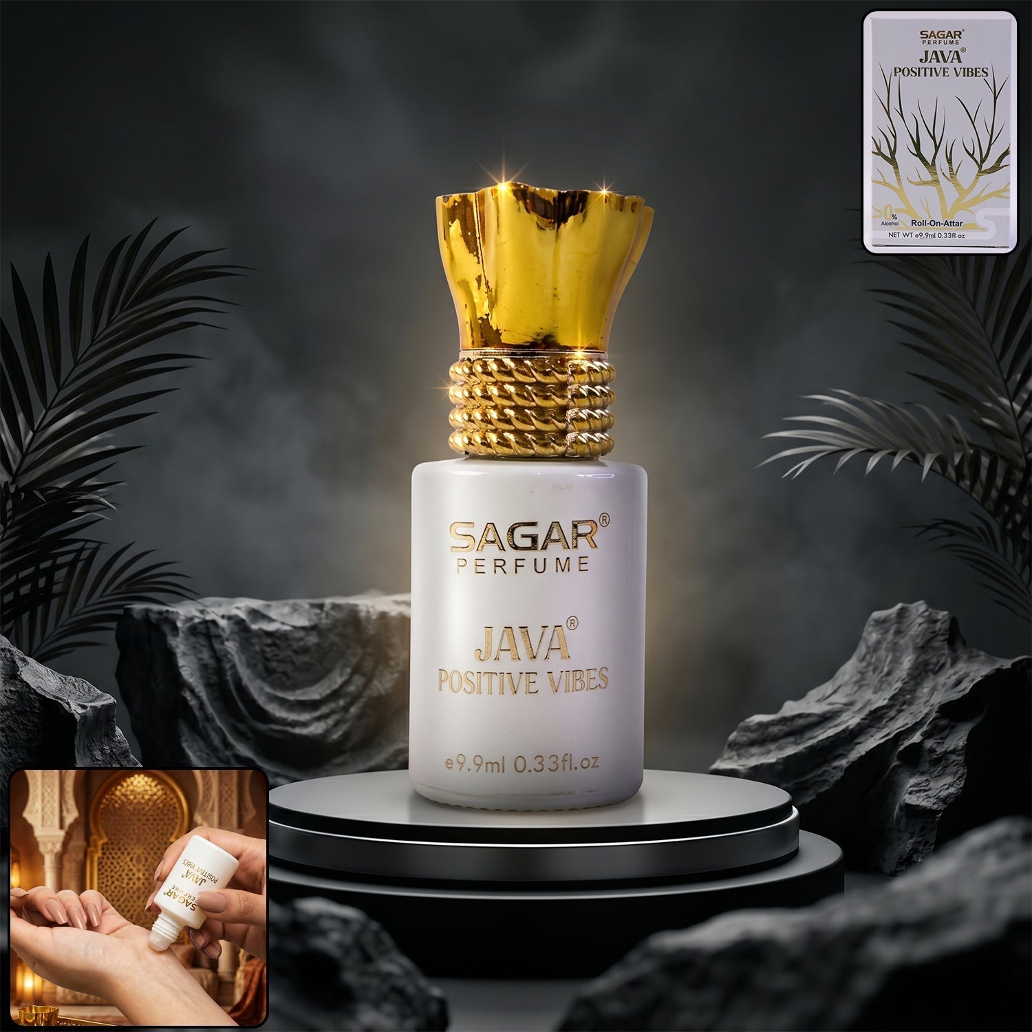 Java Positive Vibes roll on attar oil in elegant white and gold bottle