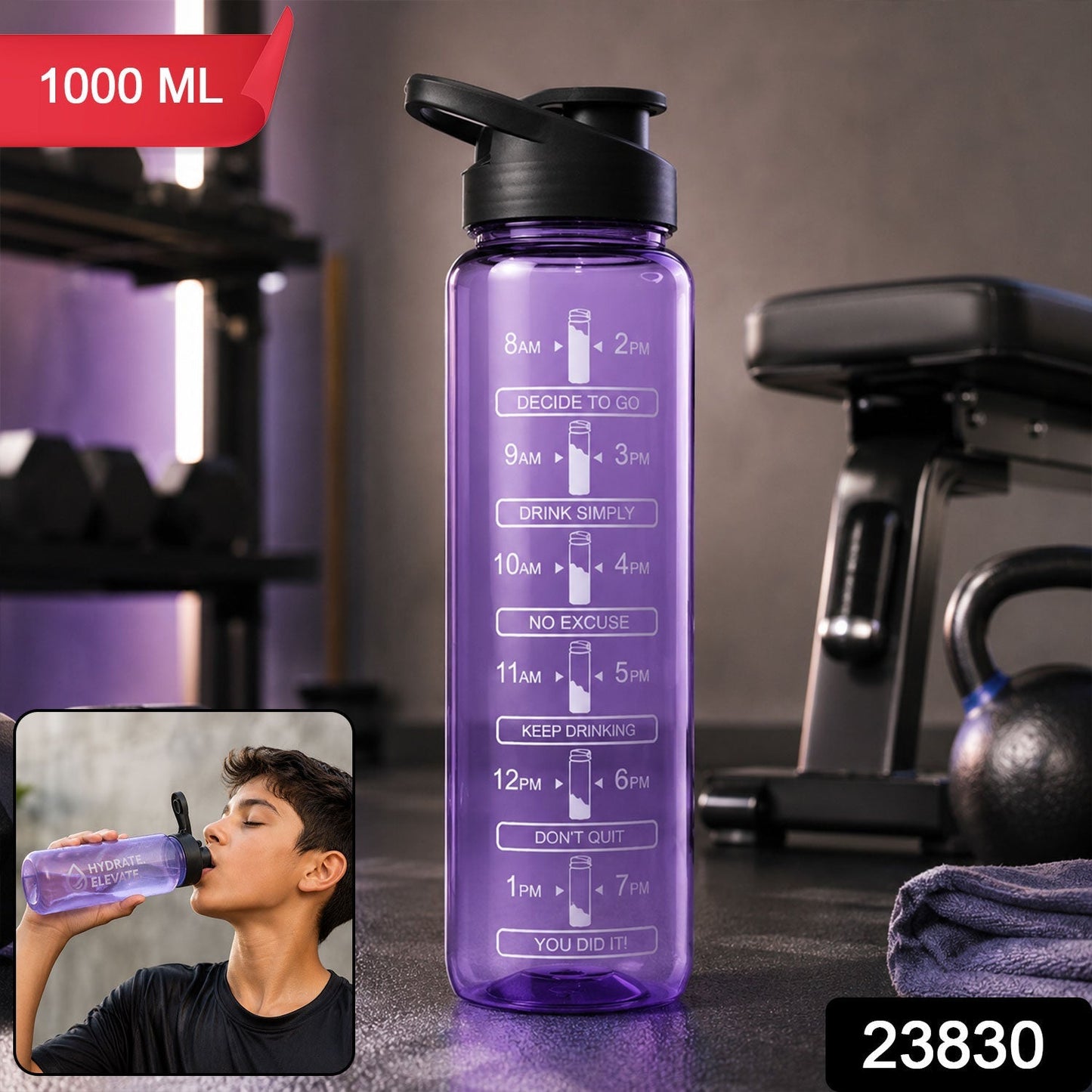 Motivational water bottle pack with time markers and flip lid