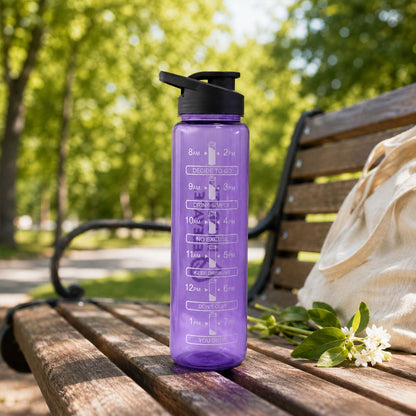 Water bottle with time marker and flip lid for hydration