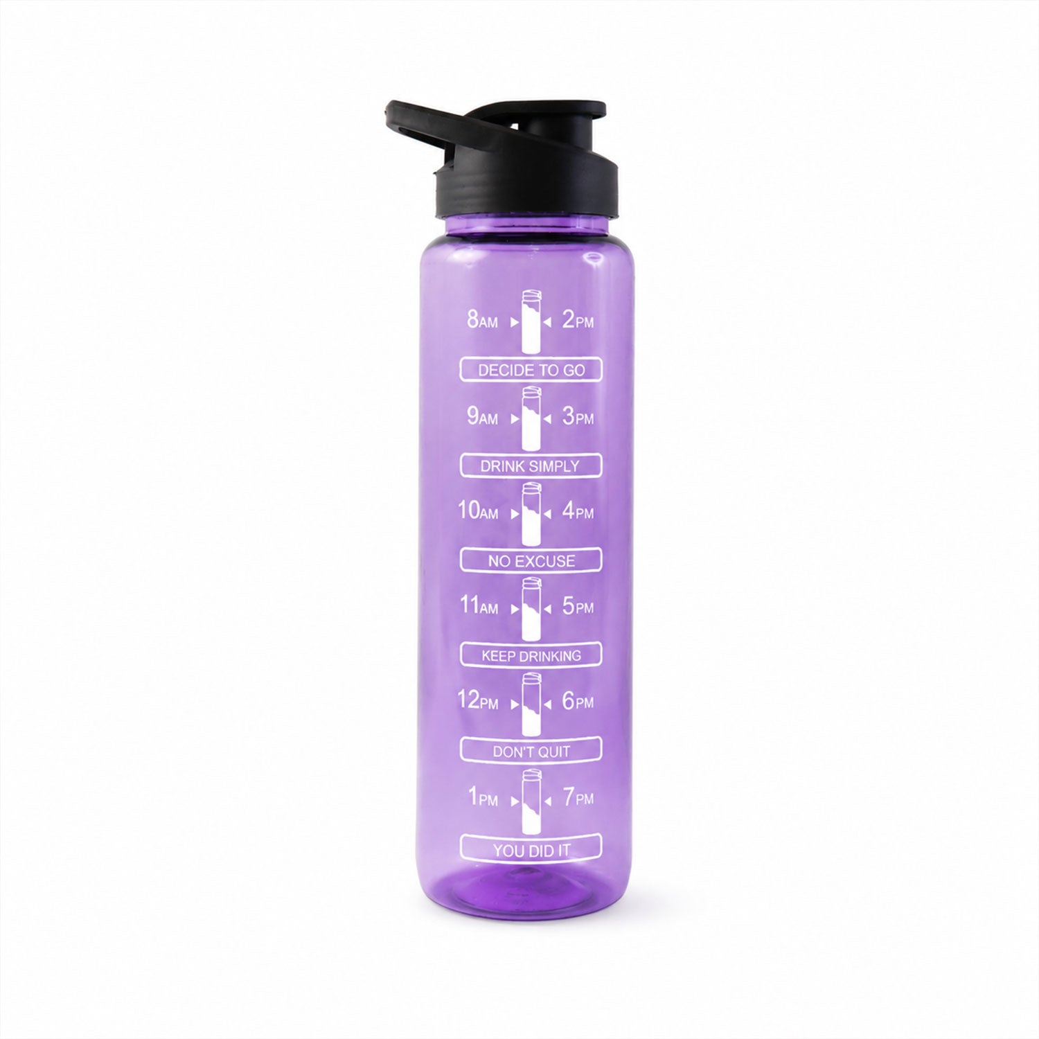 Motivational purple water bottle on white background