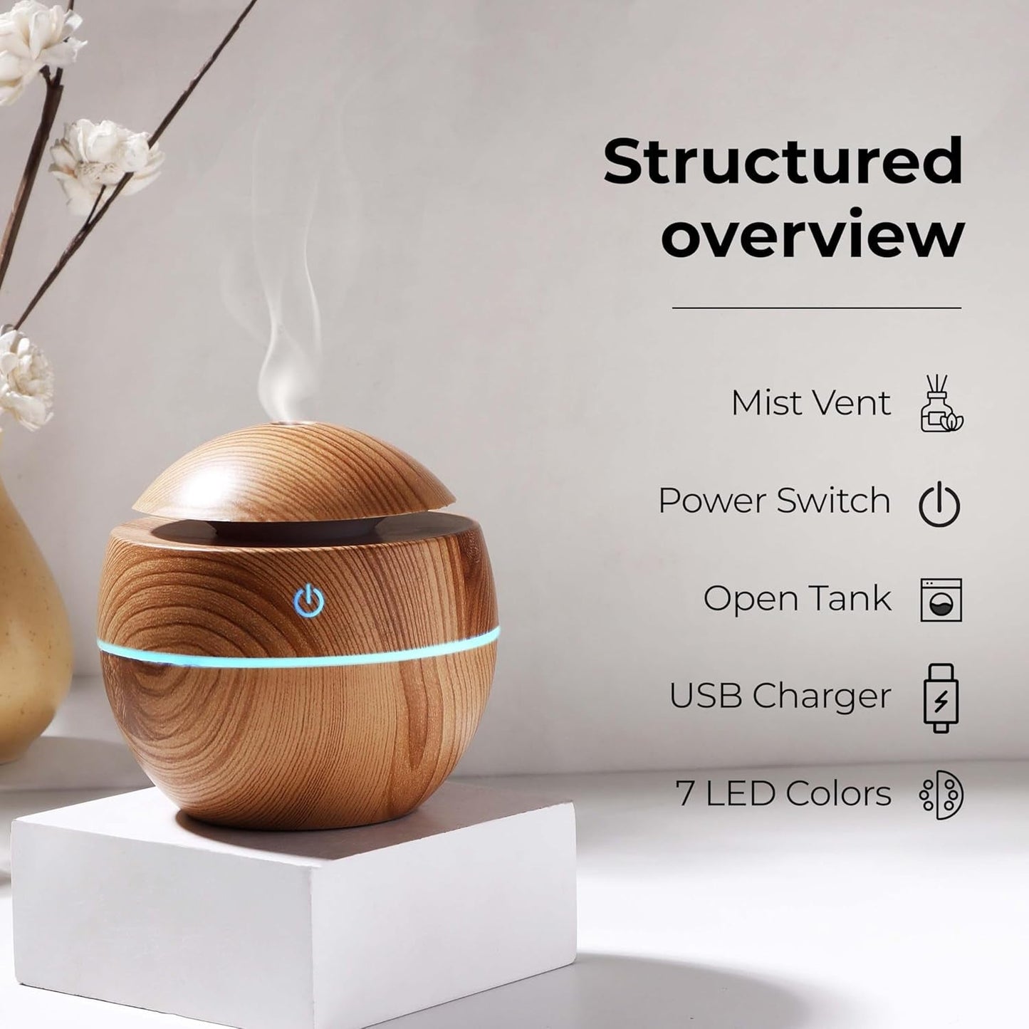 Features of the essential oil diffuser including LEDs and mist