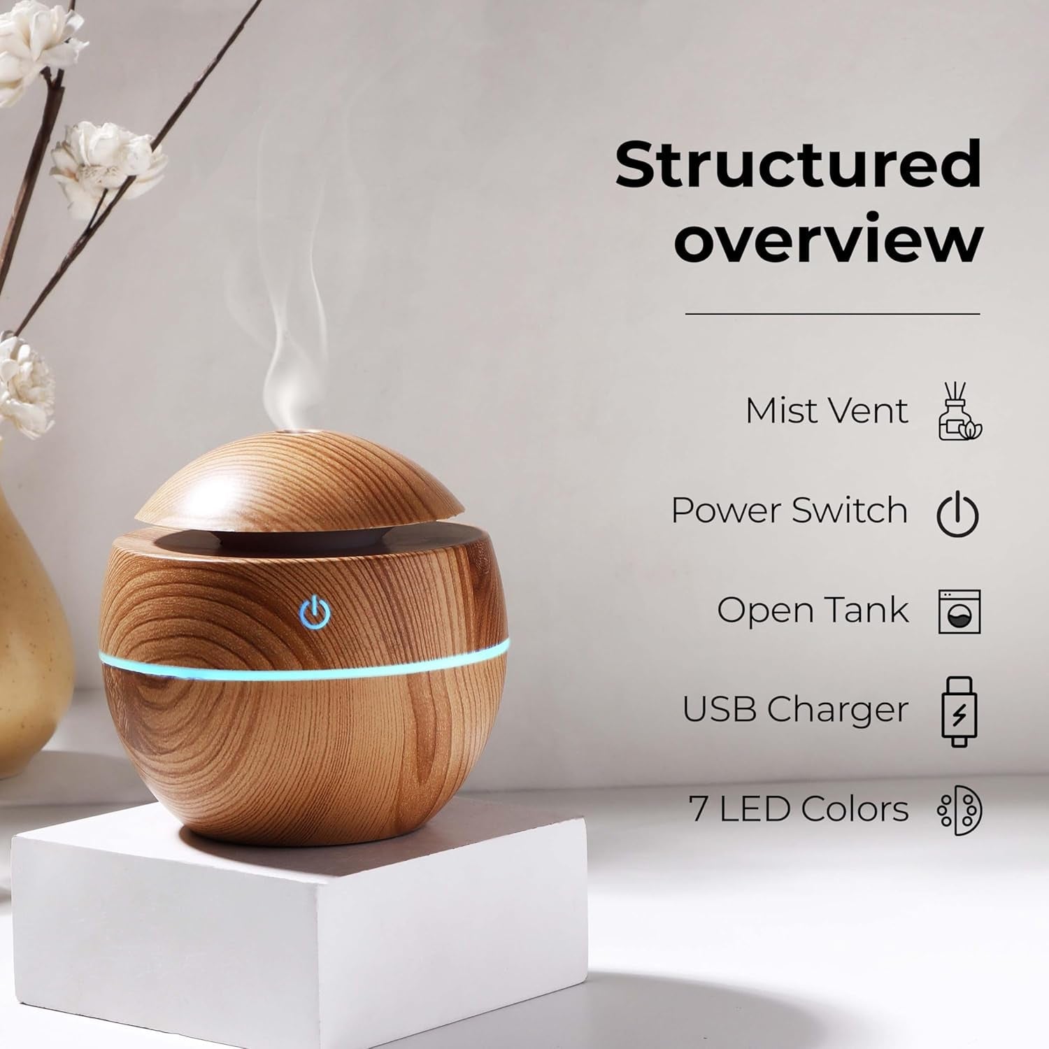 Features of the essential oil diffuser including LEDs and mist