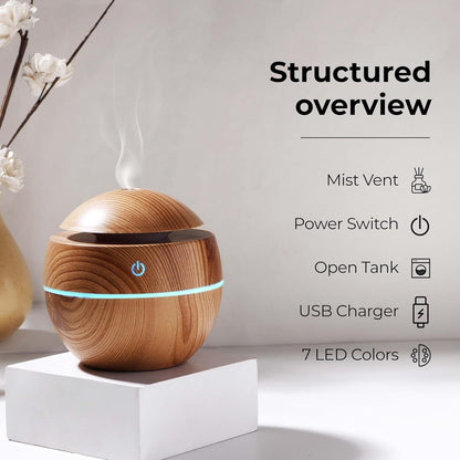 Features of the essential oil diffuser including LEDs and mist