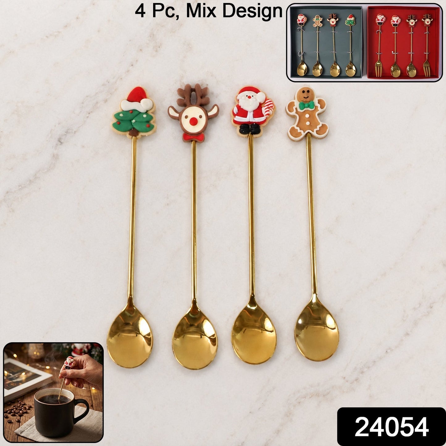 Four assorted-colored stainless steel spoons in gift box