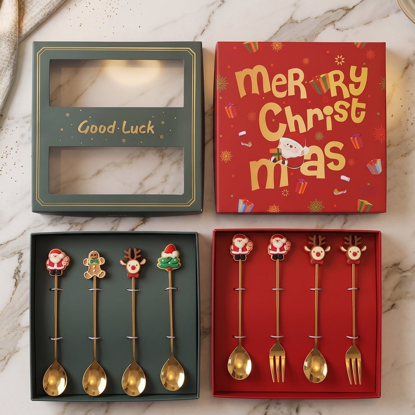 Elegant gift box containing mixed golden cartoon spoons