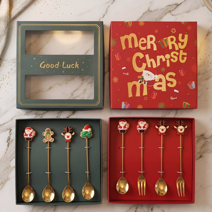 Elegant gift box containing mixed golden cartoon spoons