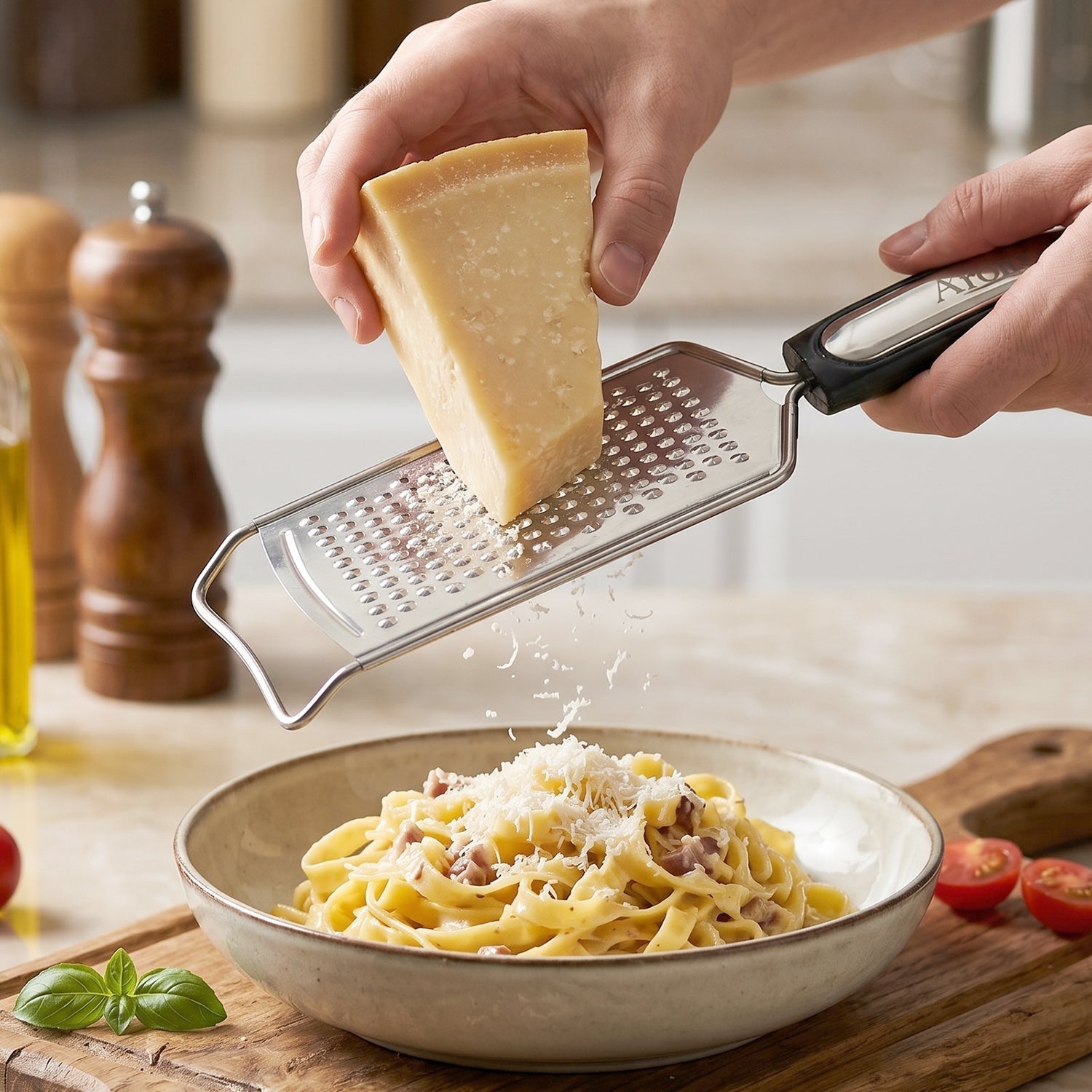 Kitchen cheese grater in use for grating cheese or vegetables