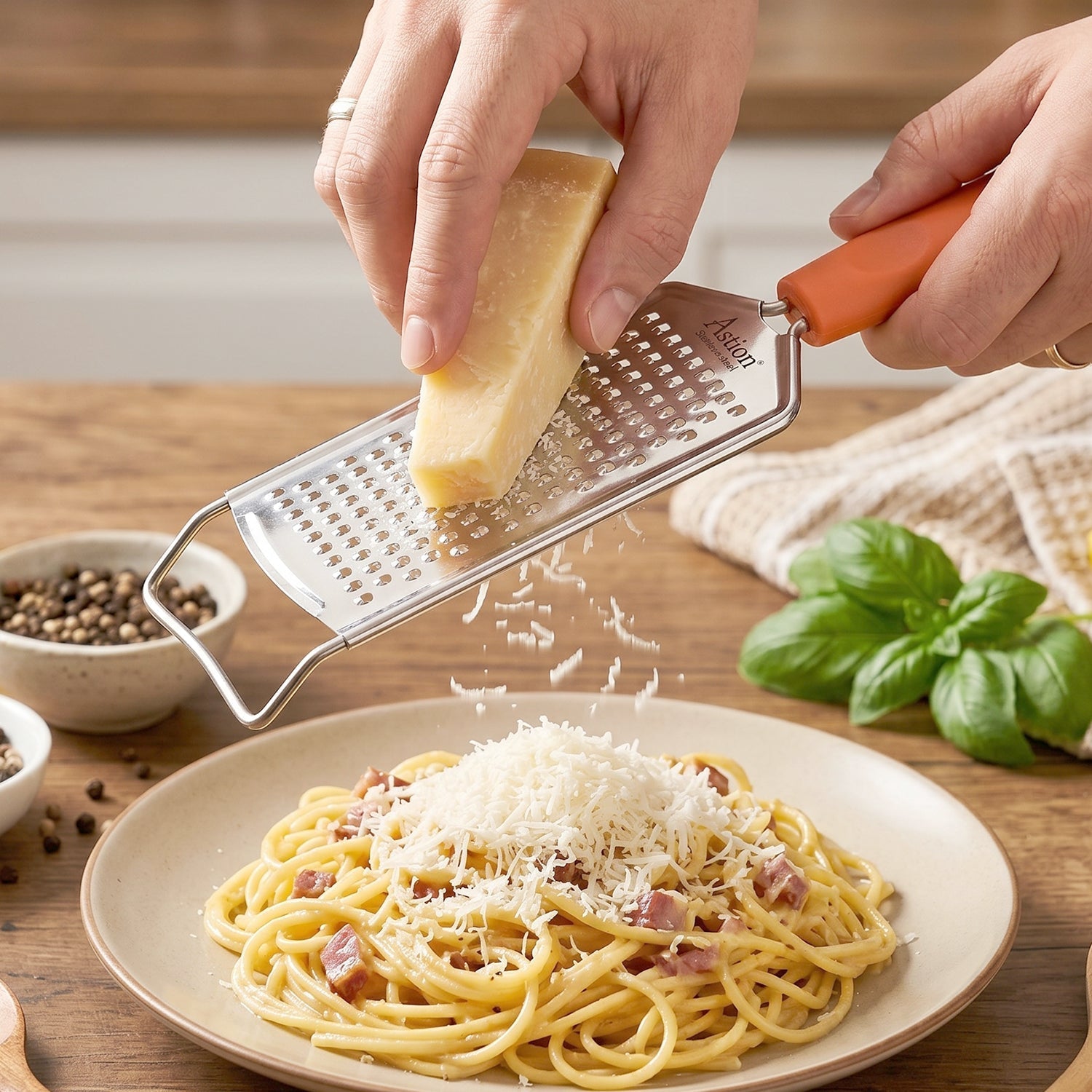 Kitchen use handheld grater in action