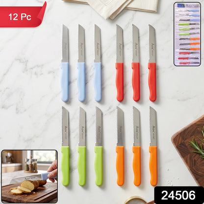 Colour-coded 12-piece kitchen knife set with serrated blades