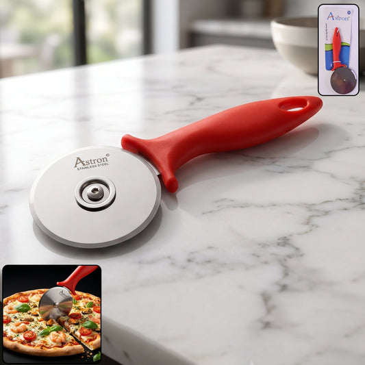 Stainless steel pizza cutter with plastic handle for effortless slicing