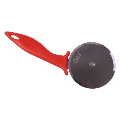 Stainless steel pizza cutter on white background