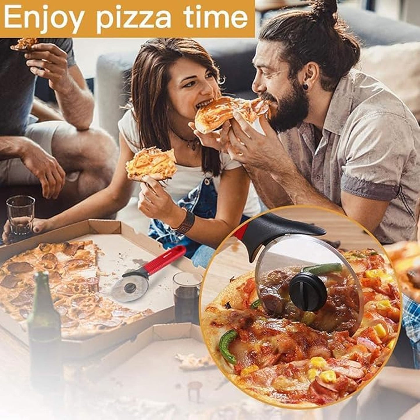 Hand slicing pizza with a stainless steel cutter wheel
