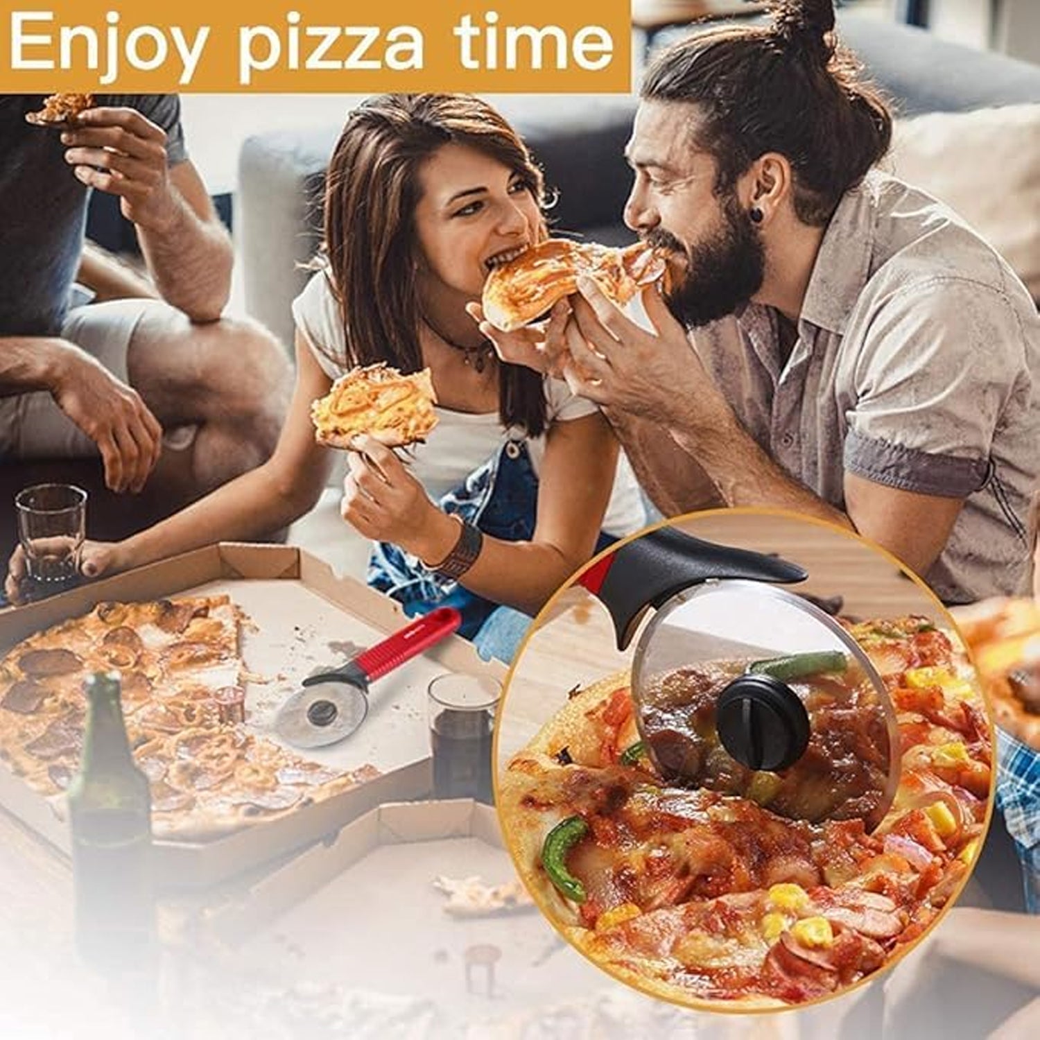 Hand slicing pizza with a stainless steel cutter wheel