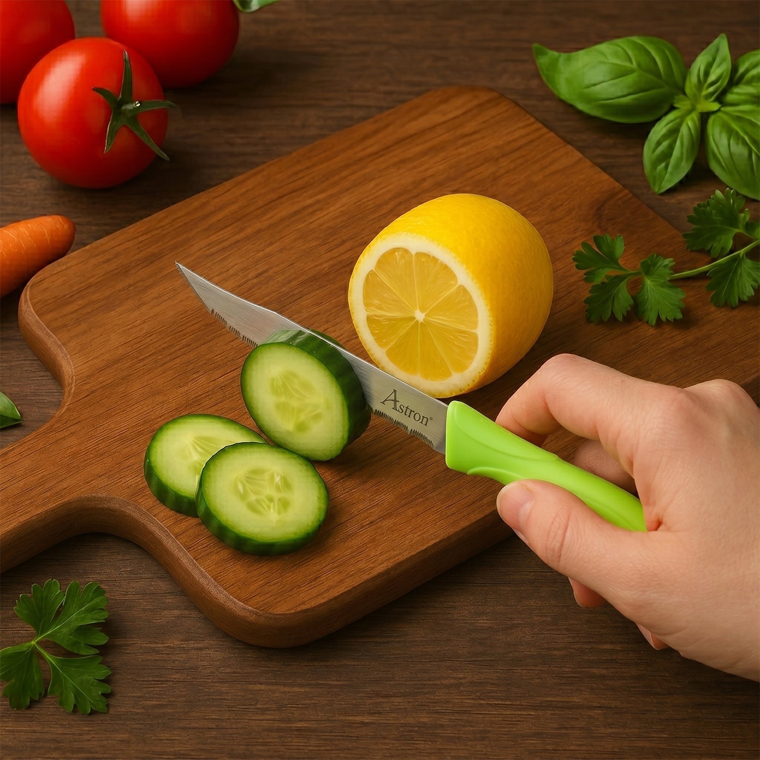 Sharp serrated stainless steel kitchen knife for precise slicing