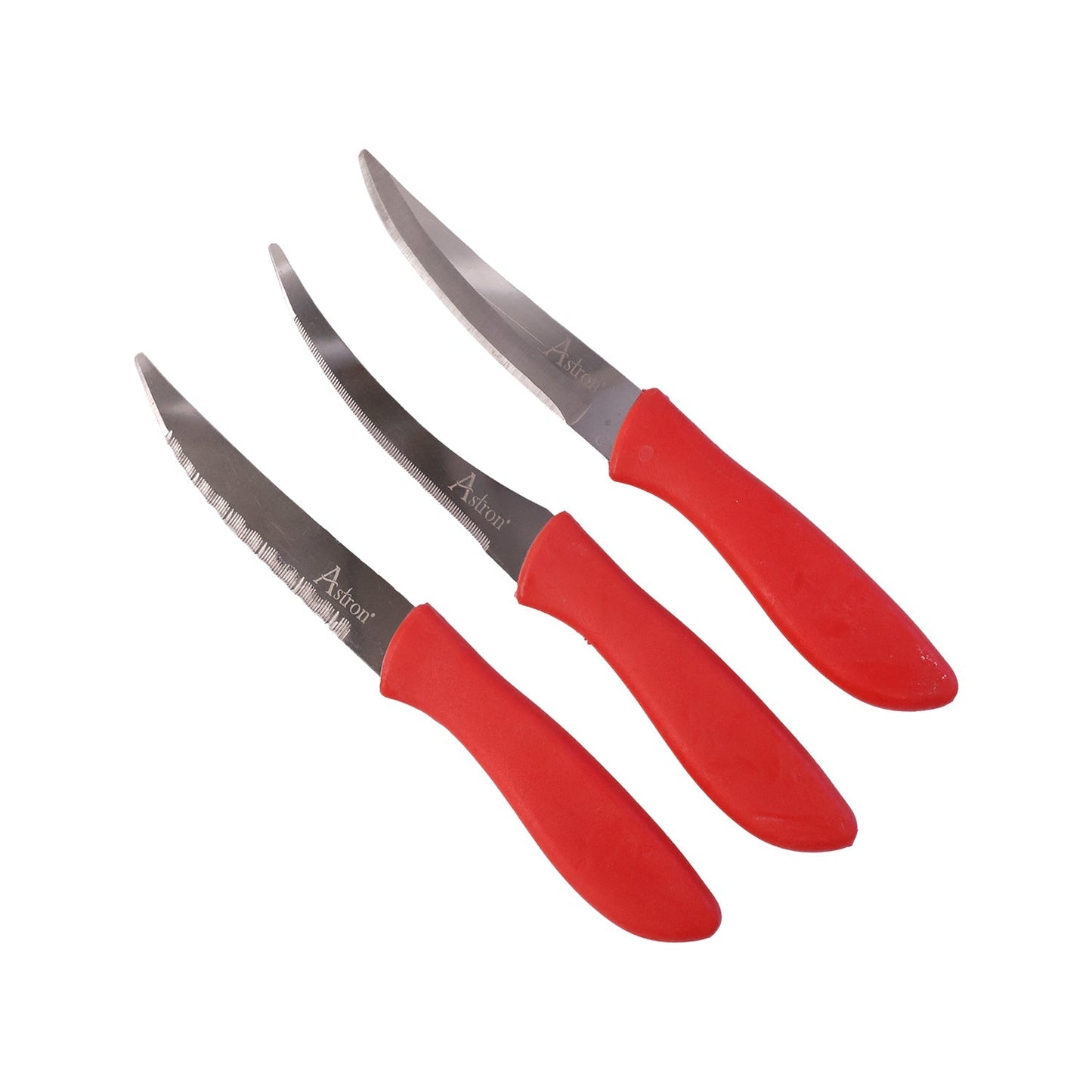 Set of three stainless steel kitchen knives with sharp blades