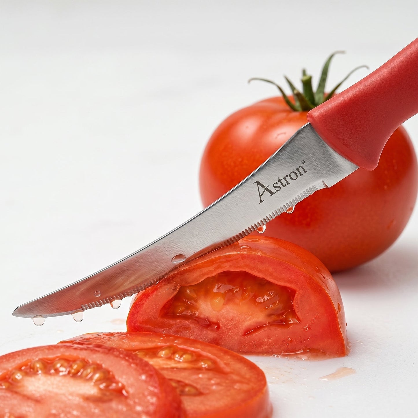 Close-up of three kitchen knives with plastic handles
