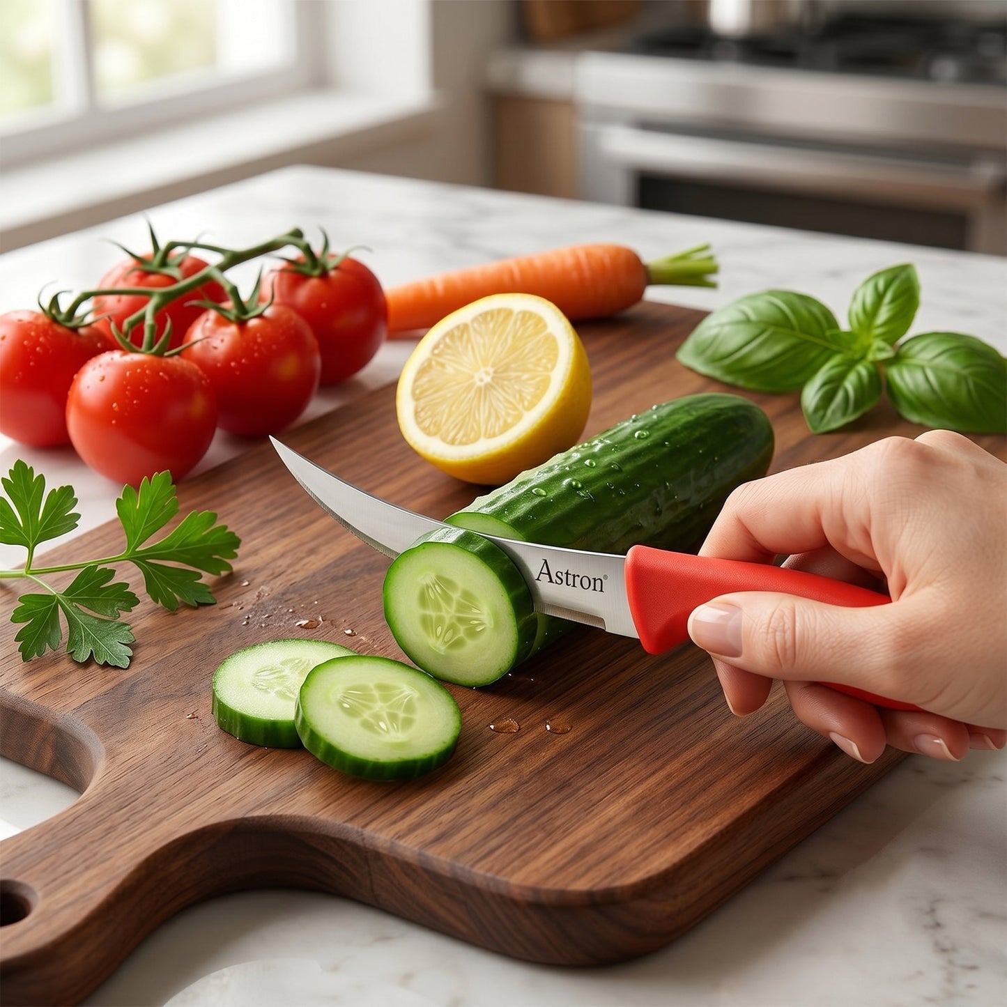 Stainless steel knife slicing cucumber on a cutting board