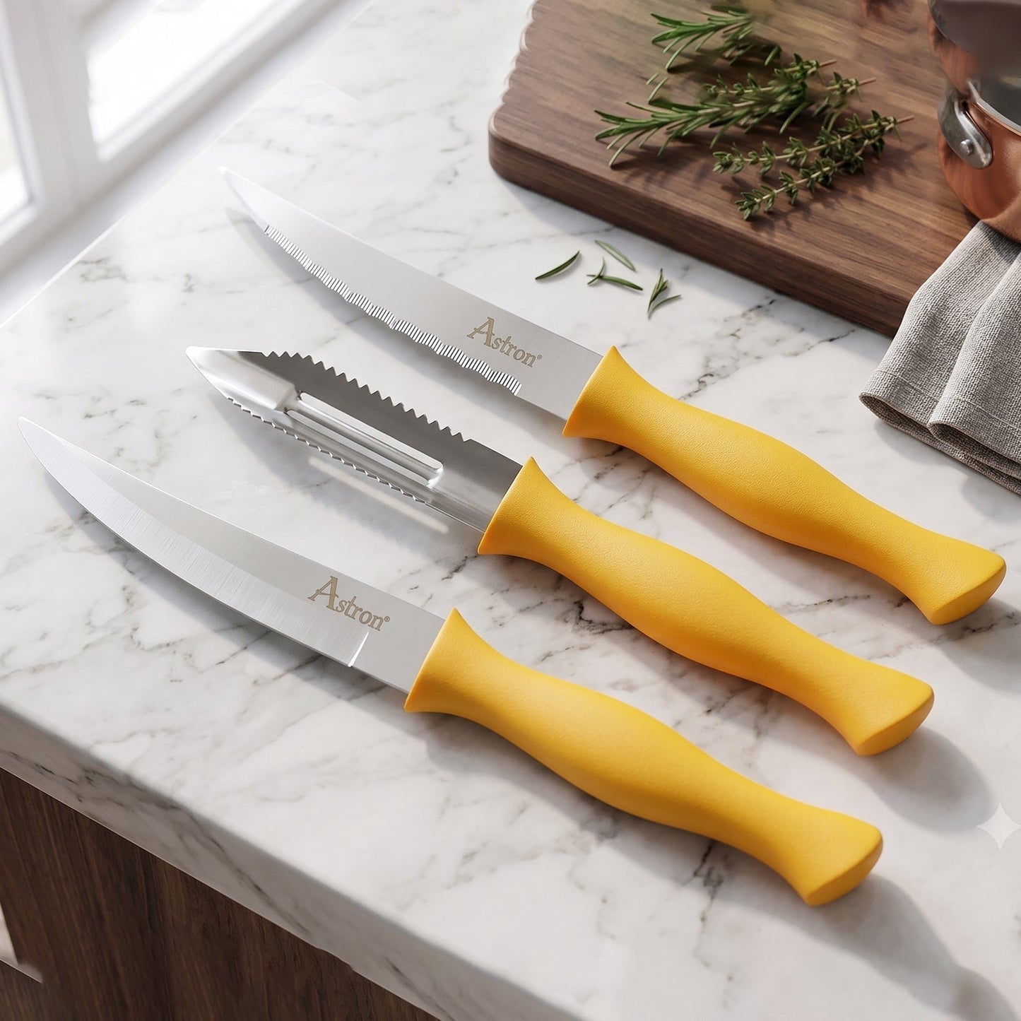 Stainless steel blades and plastic handles of kitchen knife set