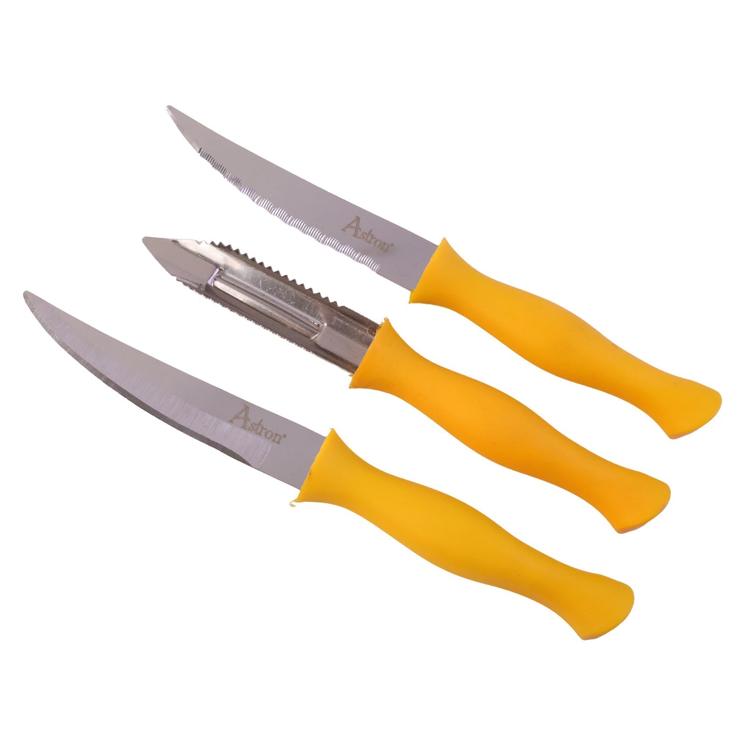 White background image showing kitchen knife and peeler set
