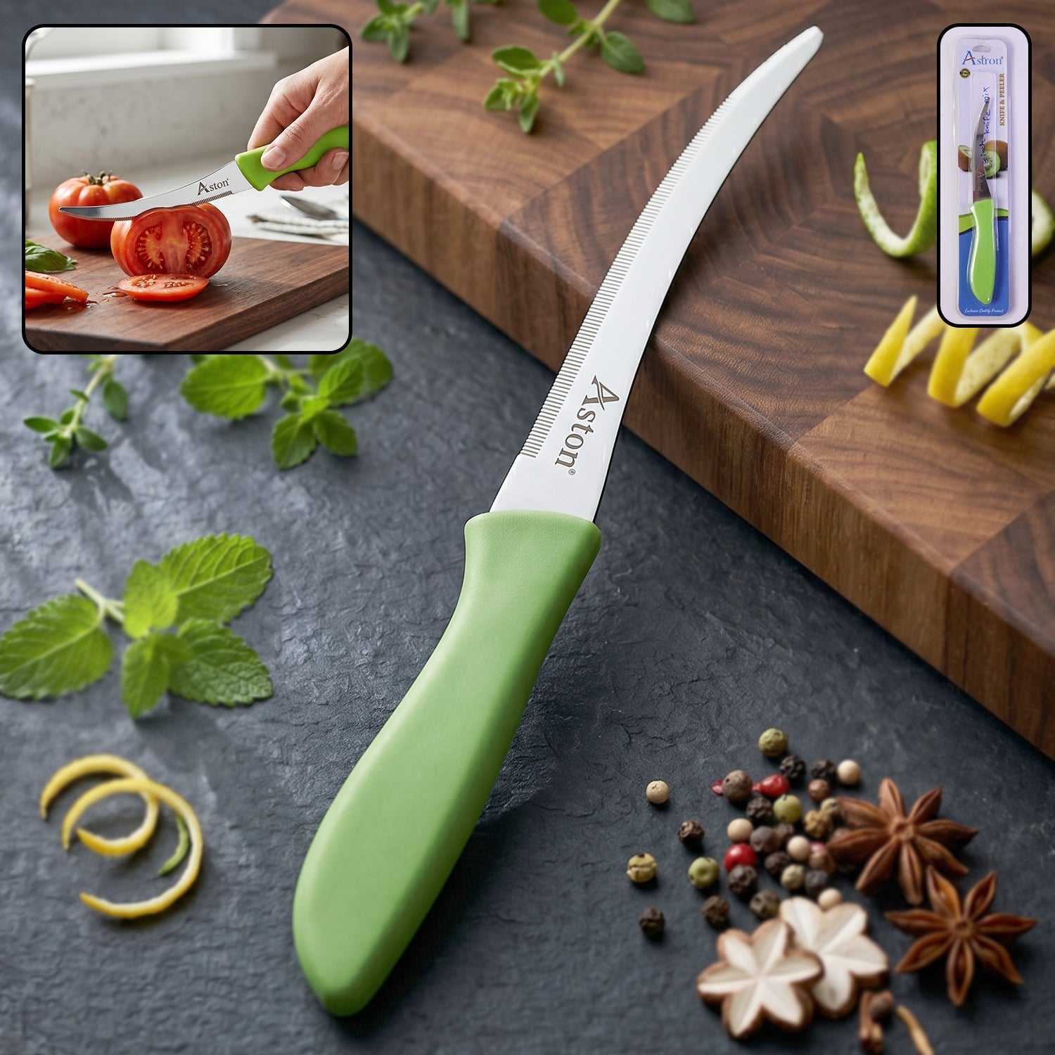 Steel kitchen knife with curved plastic handle for precise slicing