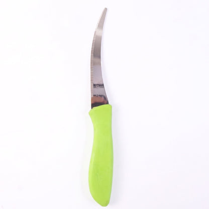 Kitchen knife on white background with clear view of blade and handle
