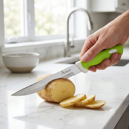 Hand slicing vegetables with 9-inch kitchen knife
