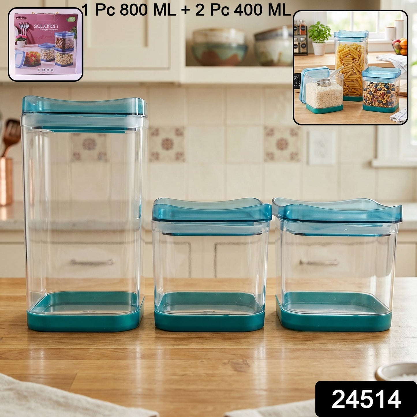 Three transparent airtight containers with colored flip-lock lids, stackable for pantry storage