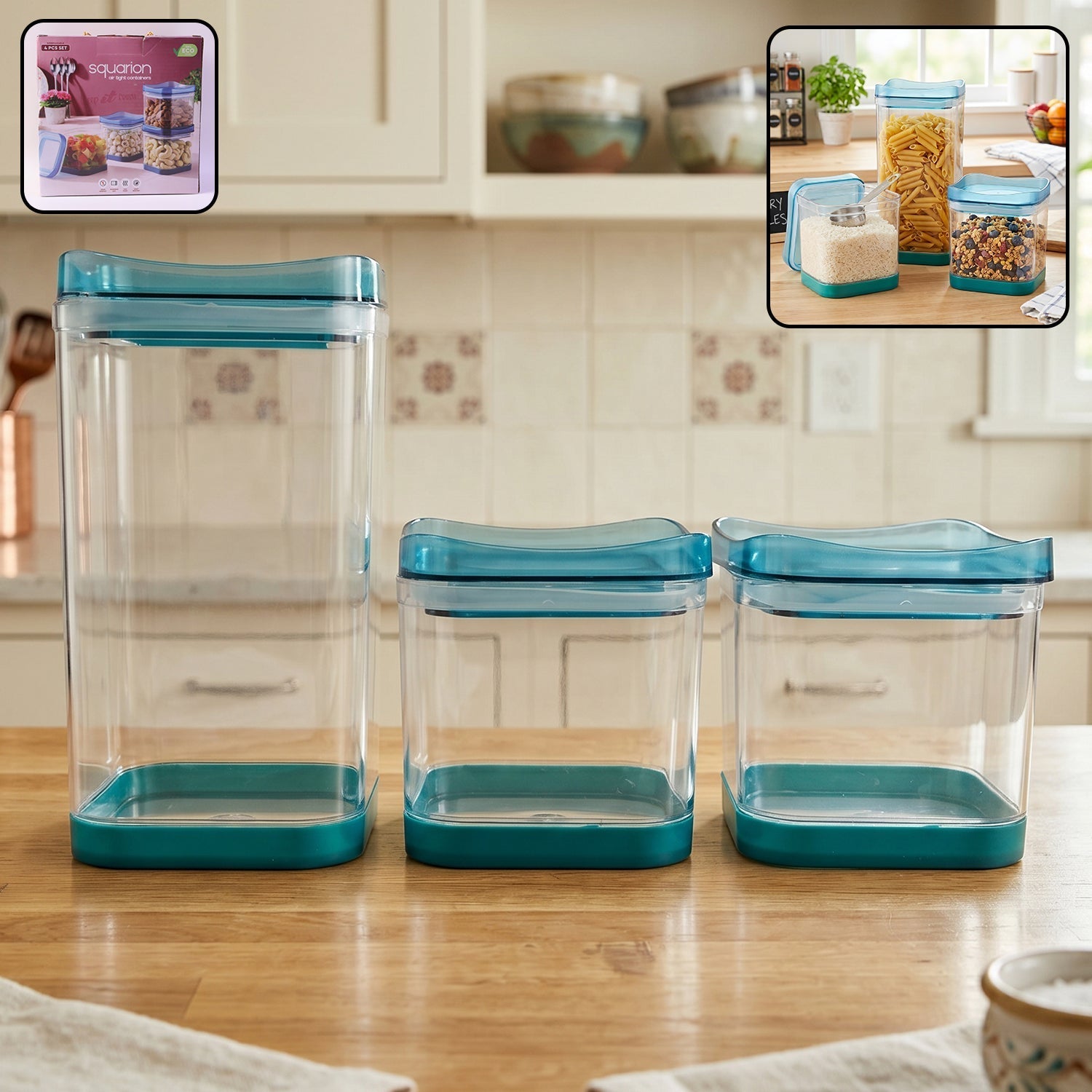 Clear plastic airtight containers filled with rice, pasta, and dry groceries