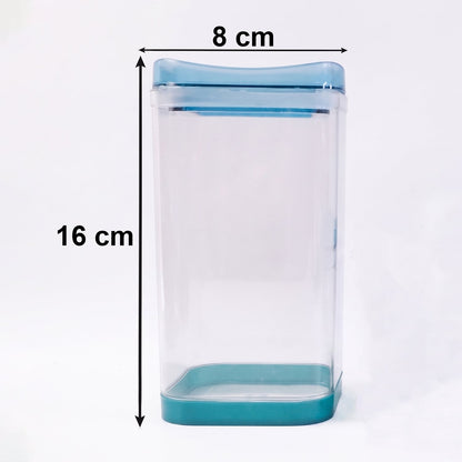 Transparent food storage containers on a white background showing size and design