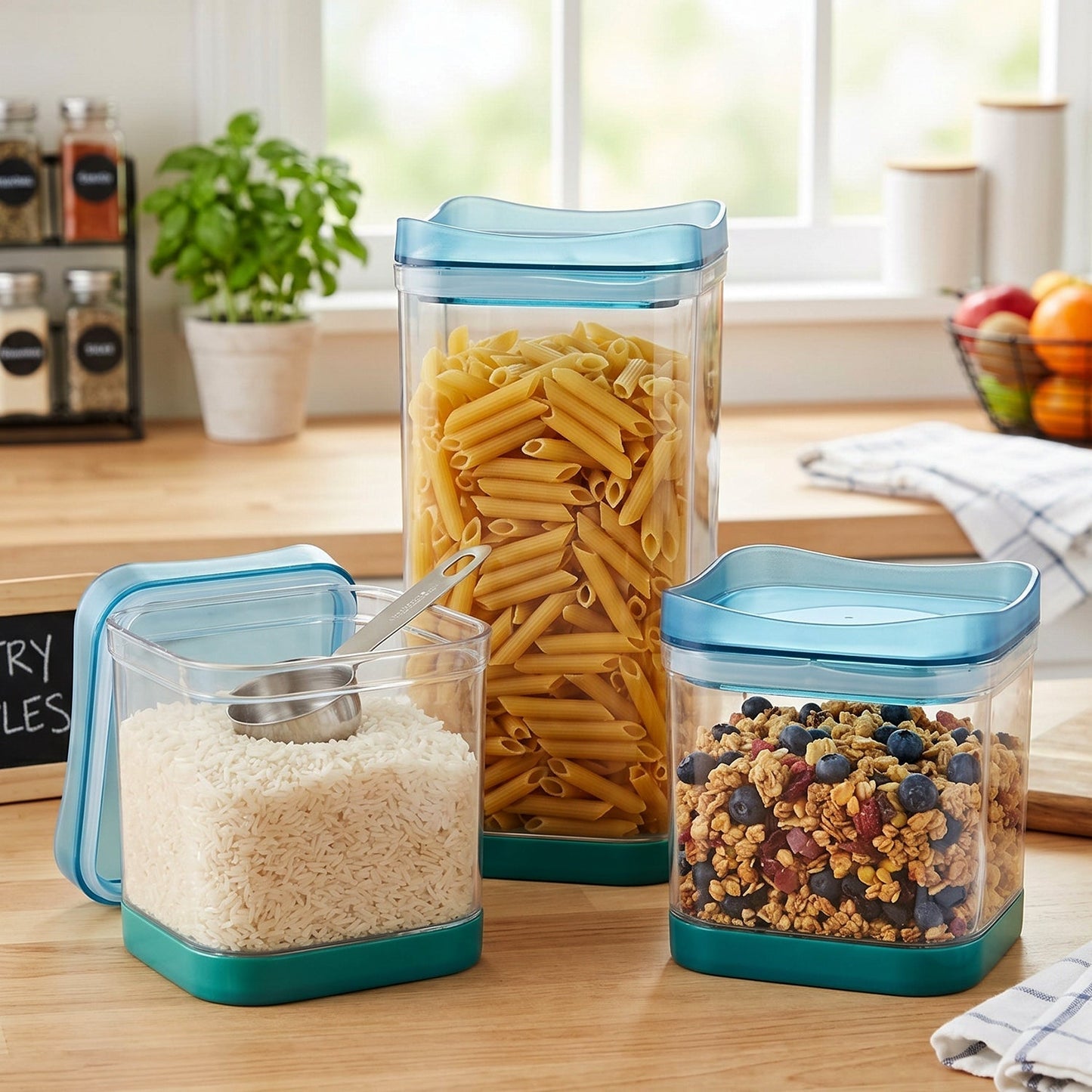Organized kitchen with stackable airtight containers on shelves