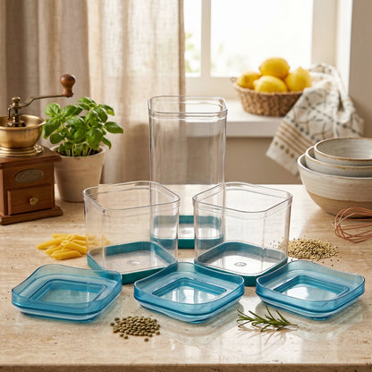 Airtight containers filled with grains and snacks in a pantry