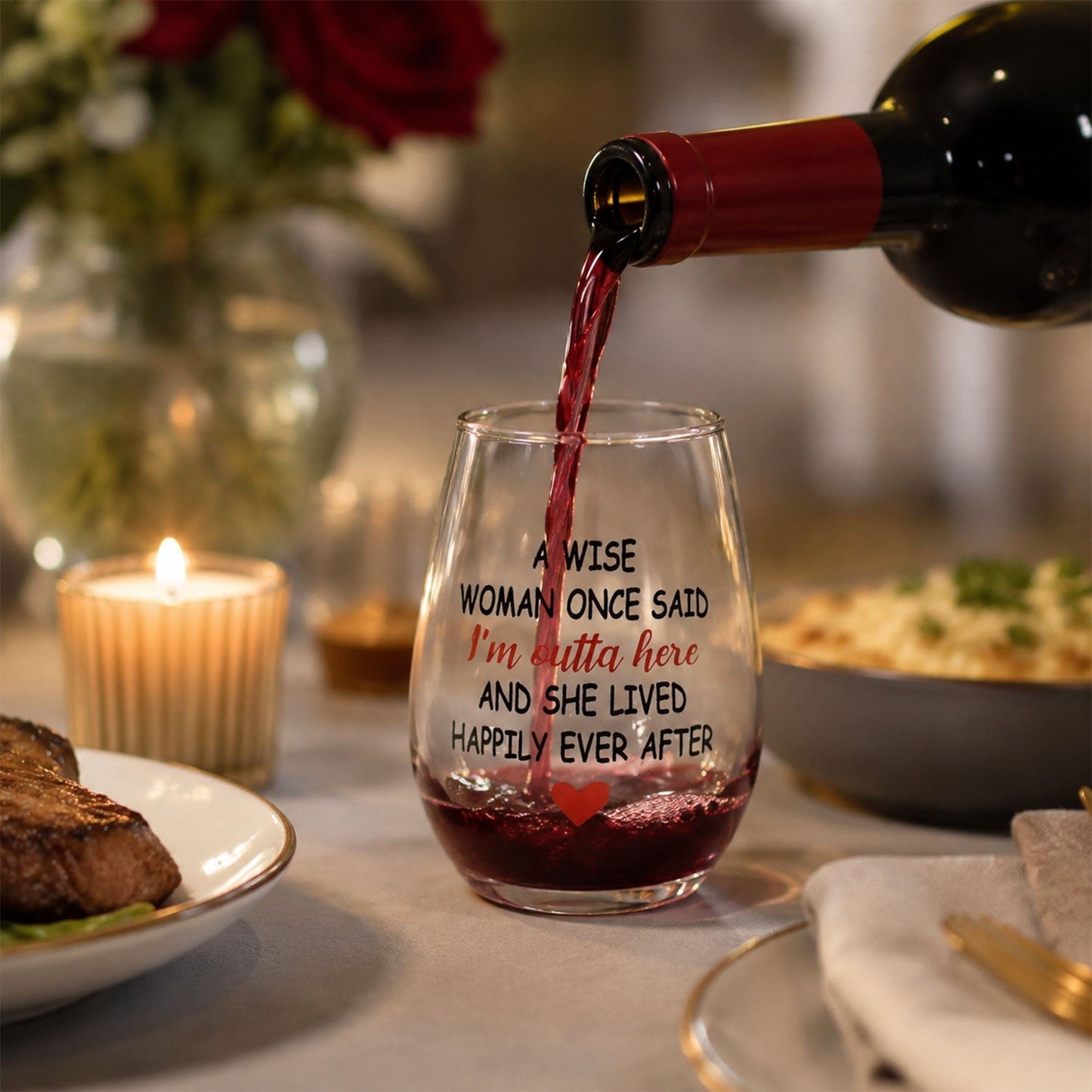 Clear printed glass tumbler with red heart detail