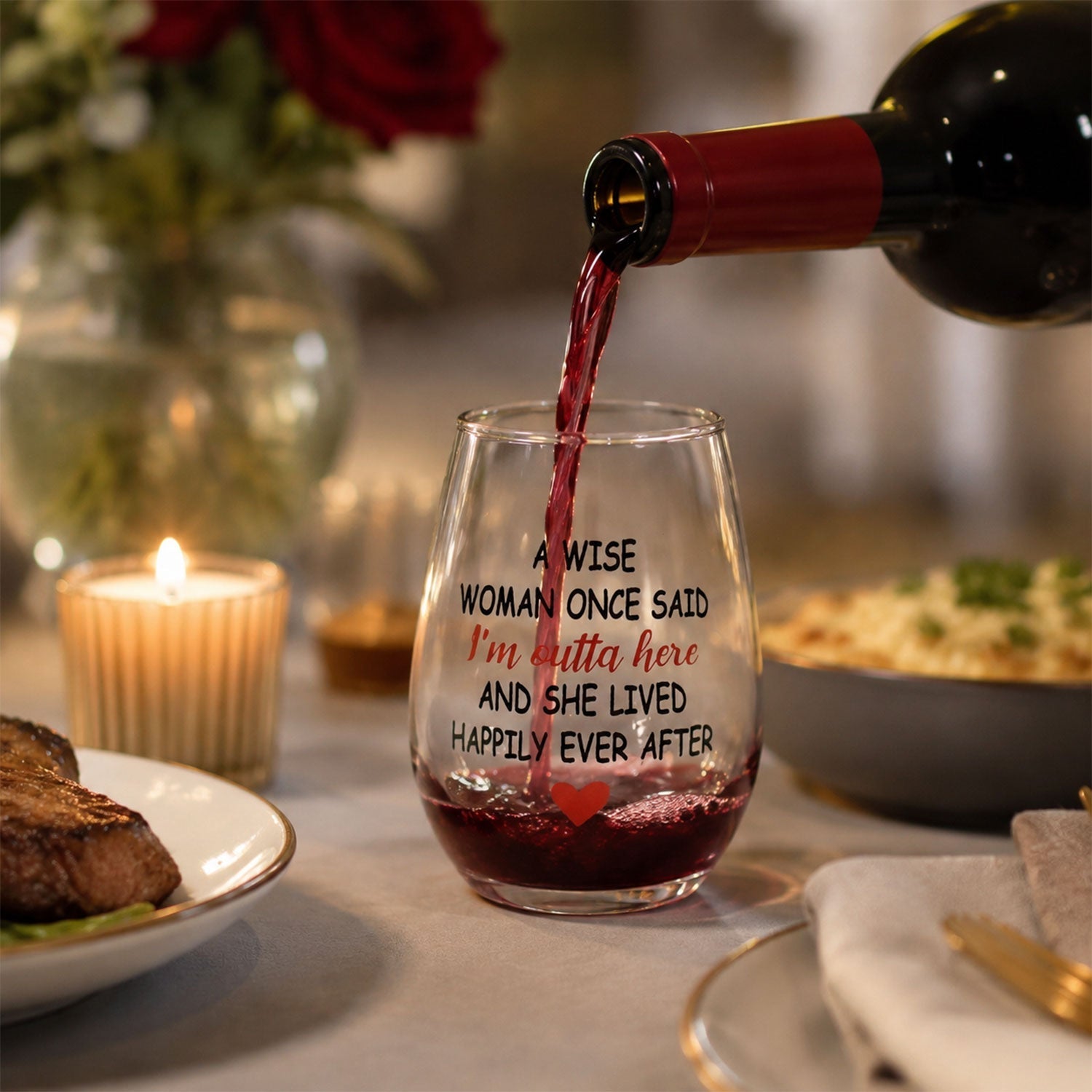 Clear printed glass tumbler with red heart detail