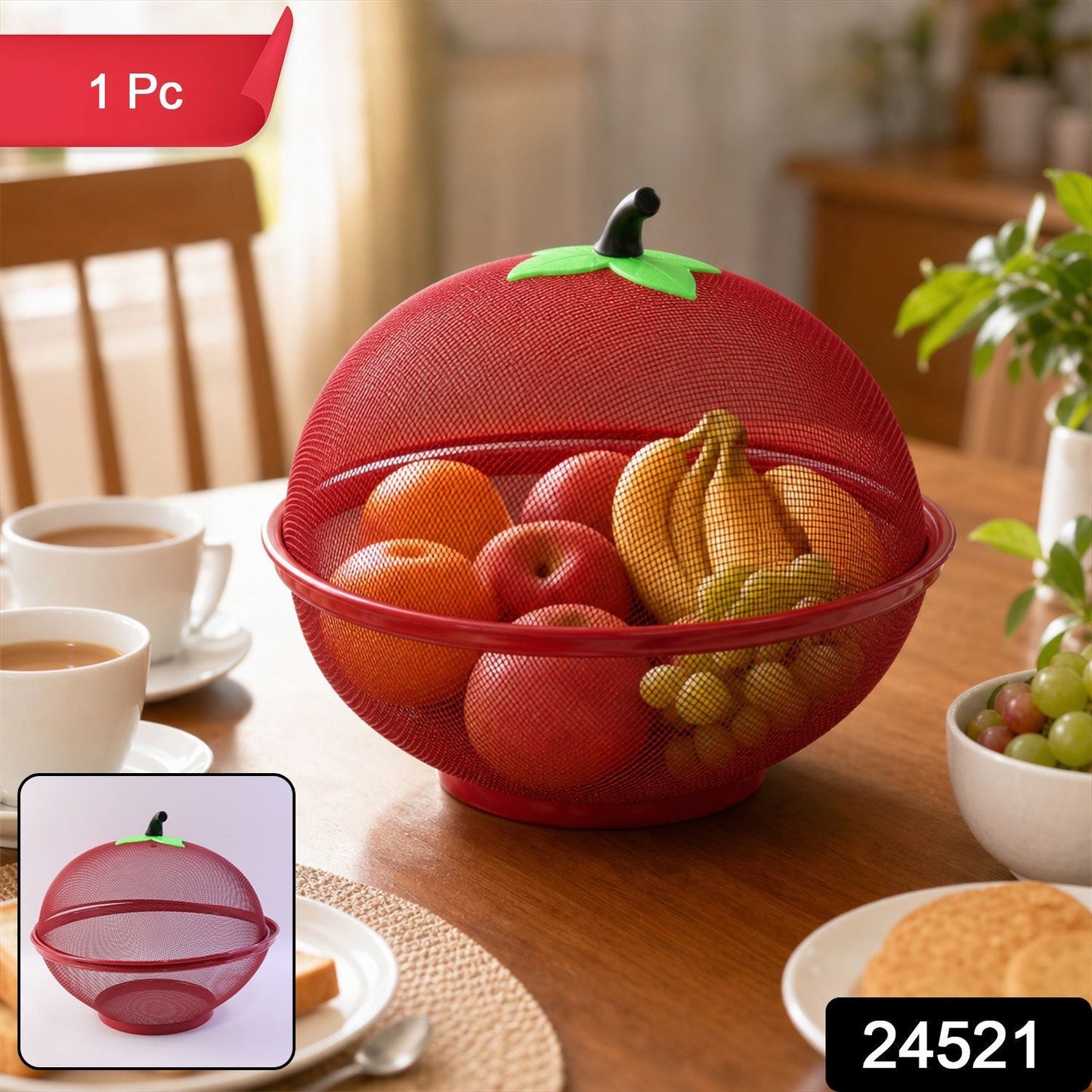 Two-piece apple-shaped wire mesh fruit basket with dome lid and decorative stem