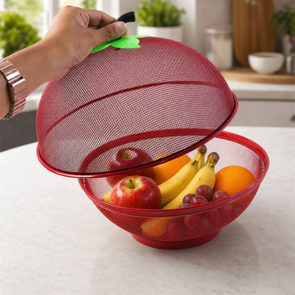 Close-up of red wire mesh cover shaped like an apple for fruit protection