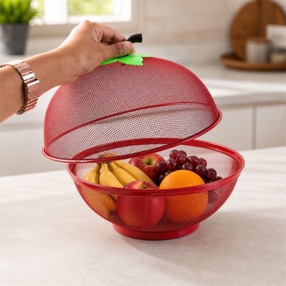 Sturdy metal wire mesh on apple-shaped fruit basket showing detailed design