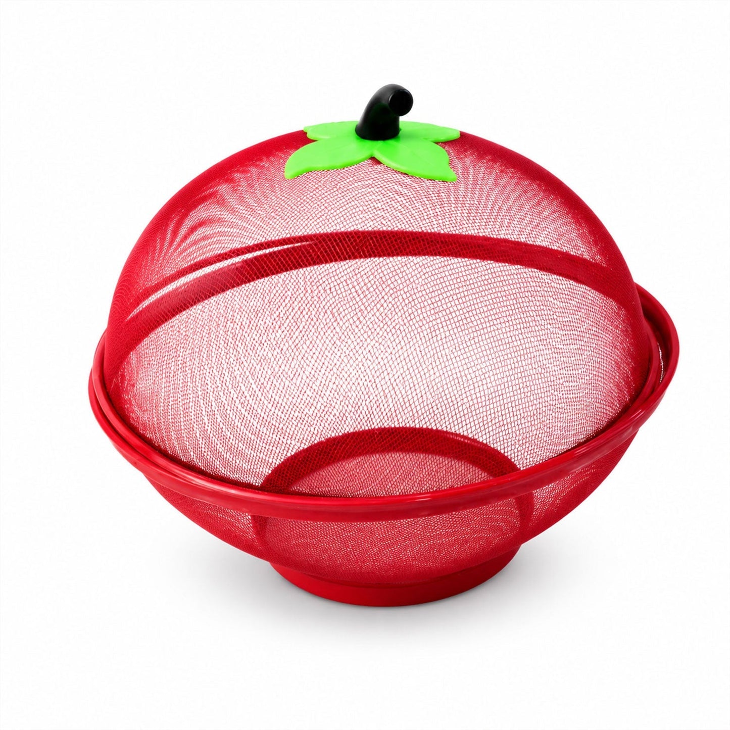 Metal net fruit basket with apple-shaped dome on white background