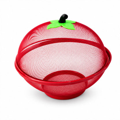 Metal net fruit basket with apple-shaped dome on white background