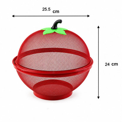 Size guide for apple-shaped metal net fruit basket with dimensions