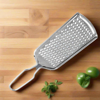 Handheld stainless steel grater kitchen tool for cheese, vegetables, and citrus zest
