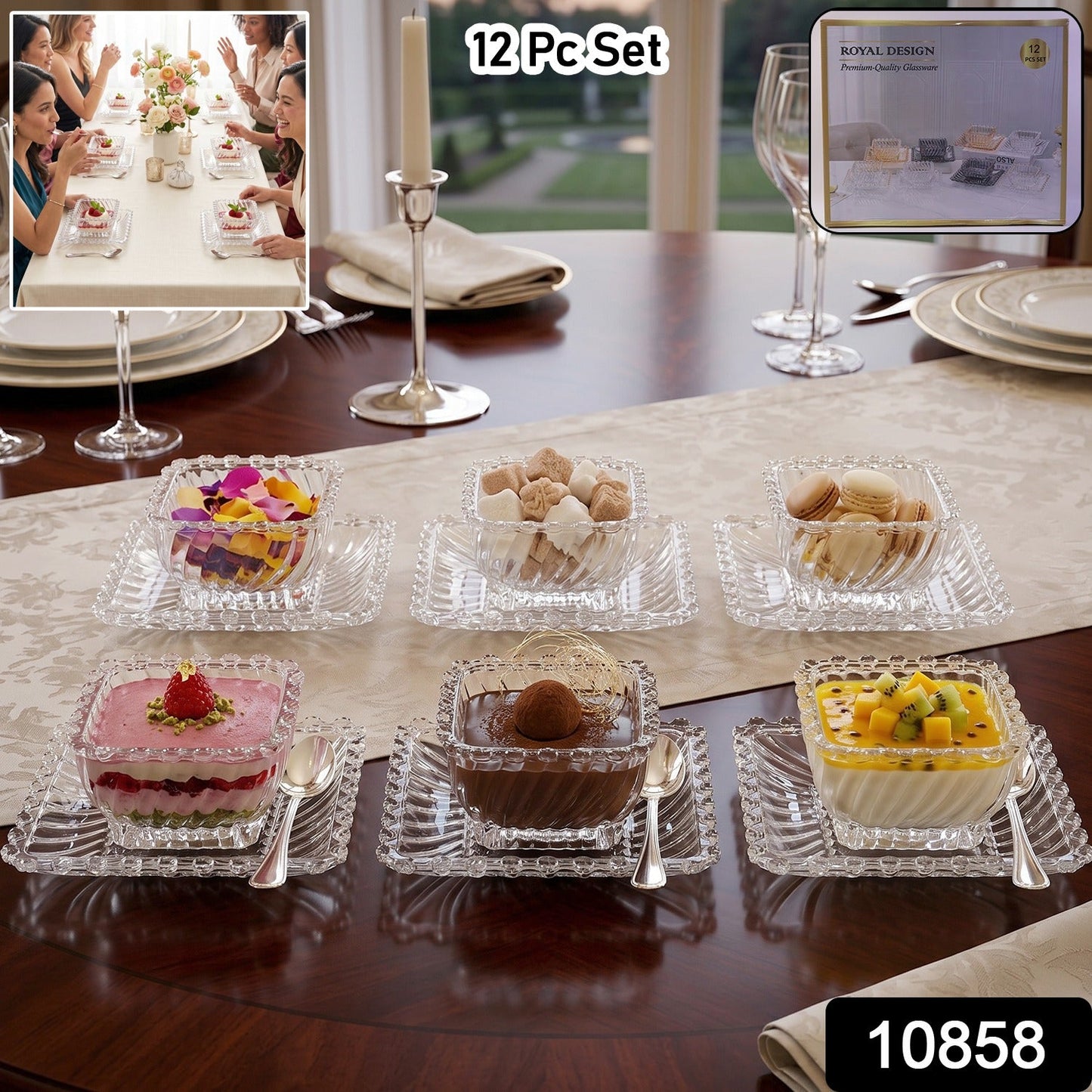 12-piece set of transparent glass serving plates and bowls