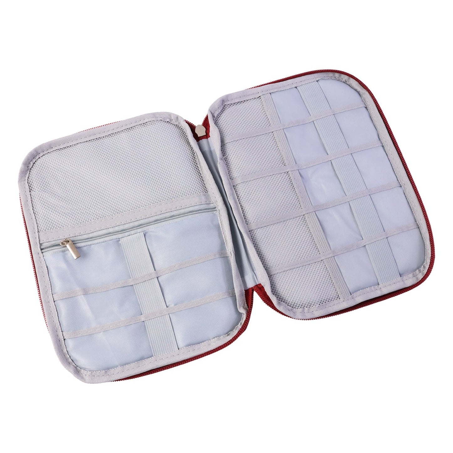 Open view of zip pouch showing multiple storage sections