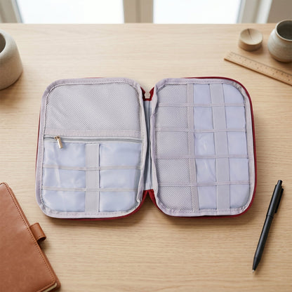 Detailed view of zipper and sturdy material of travel organizer