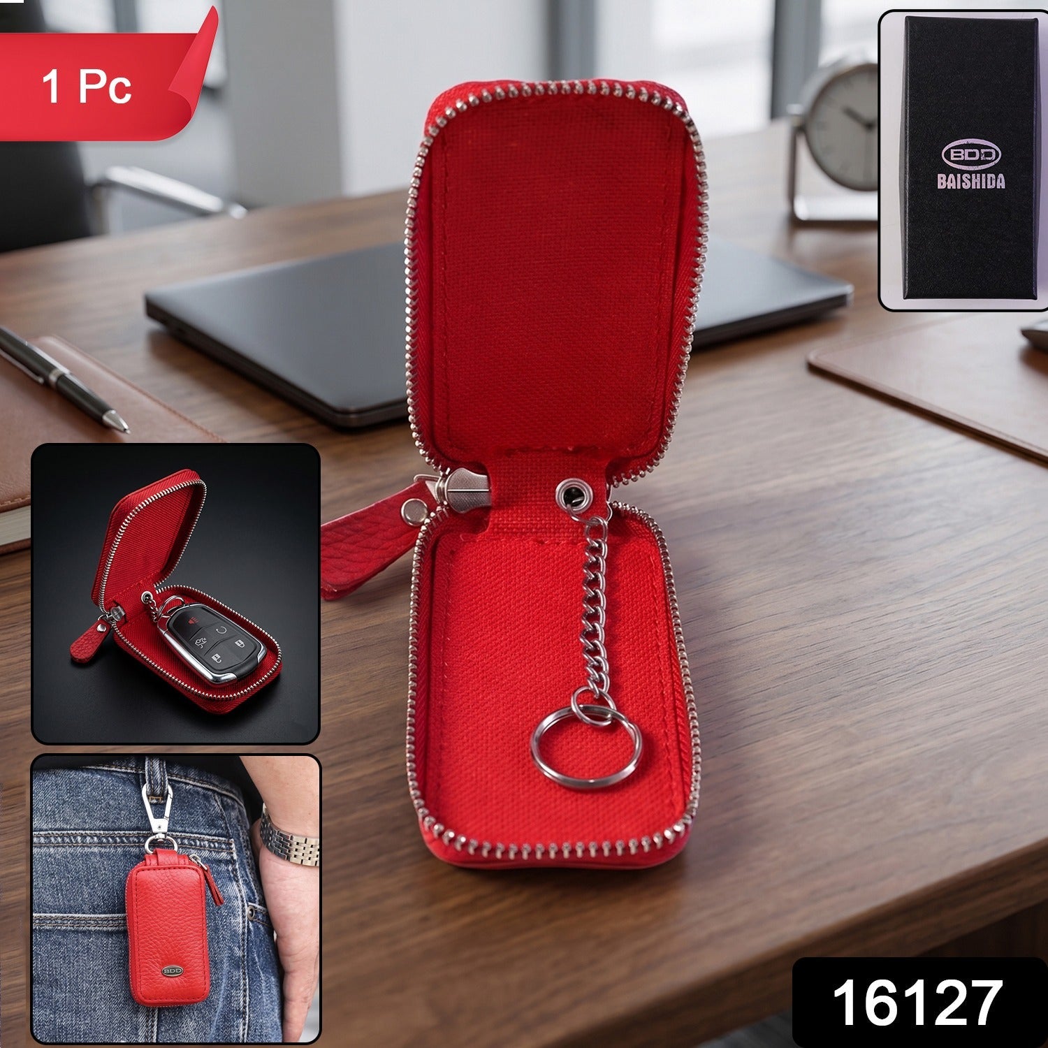 Compact leather key pouch pack with secure zip closure